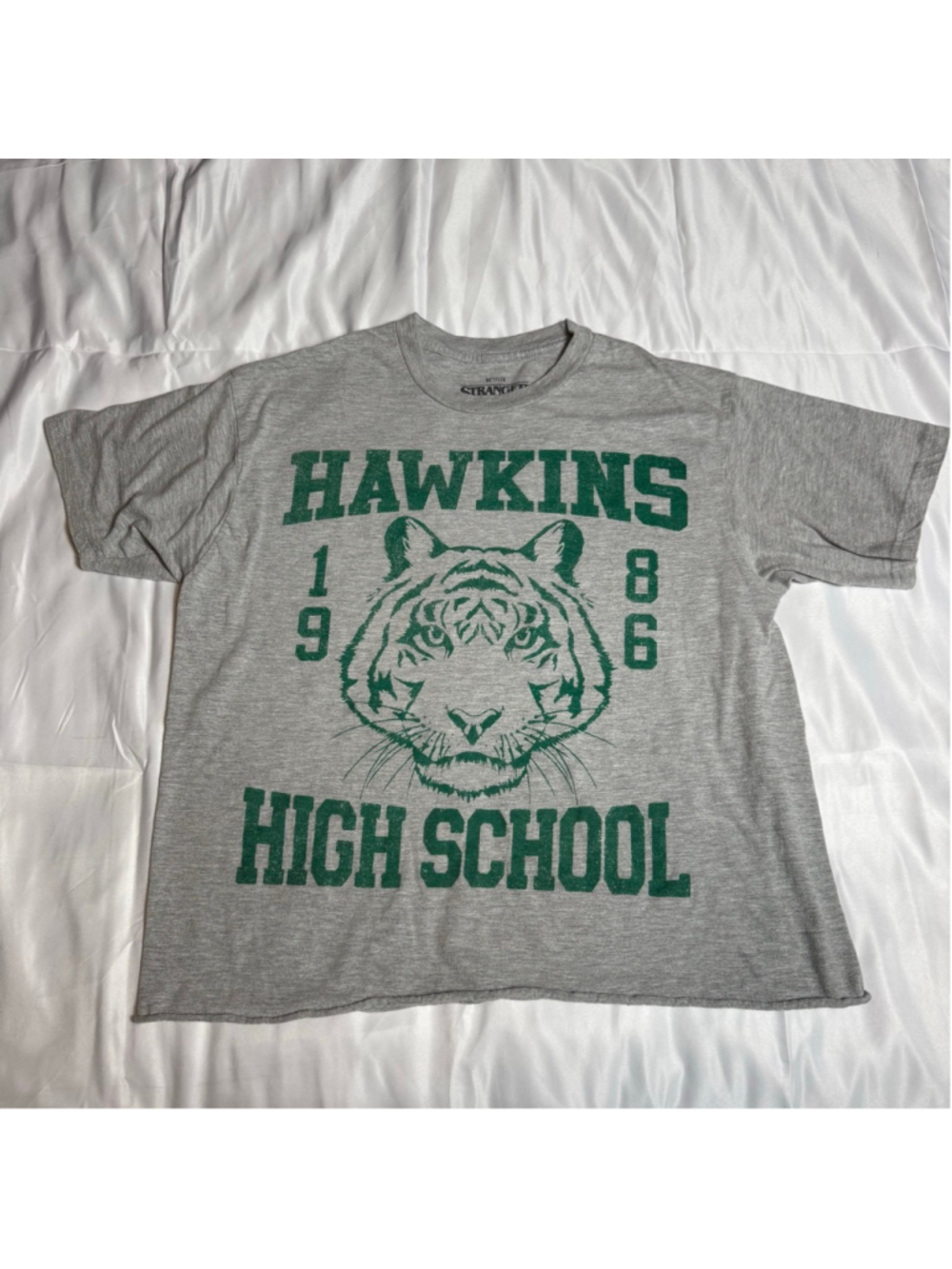 Women’s Stranger Things Gray Green Hawkins High School Short Sleeve Tee L